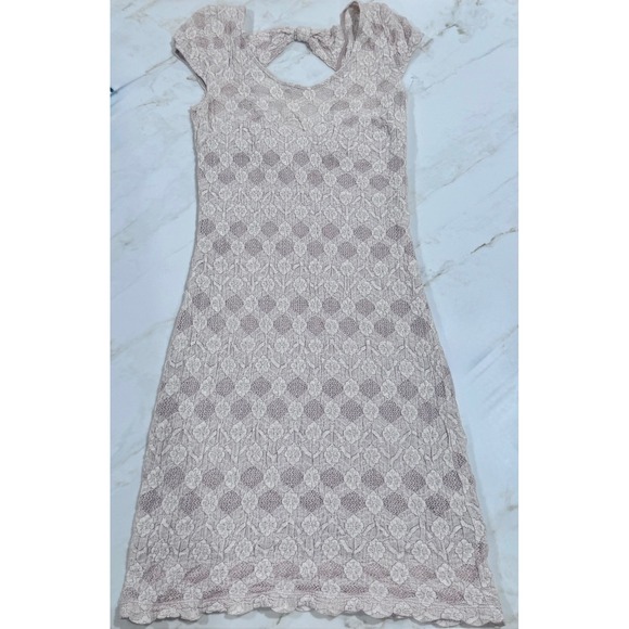 Free‎ People Mini Dress Lace Floral Bow Back Cap Sleeve Pink Beige Blush Small - Picture 1 of 9